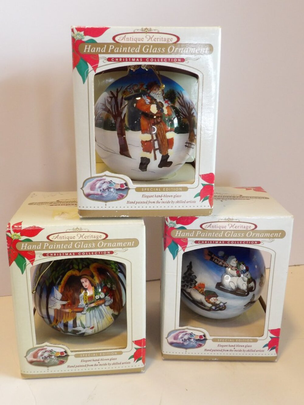 +- American Heritage Christmas Ornaments Set of 3 Hand Painted Blown Glass